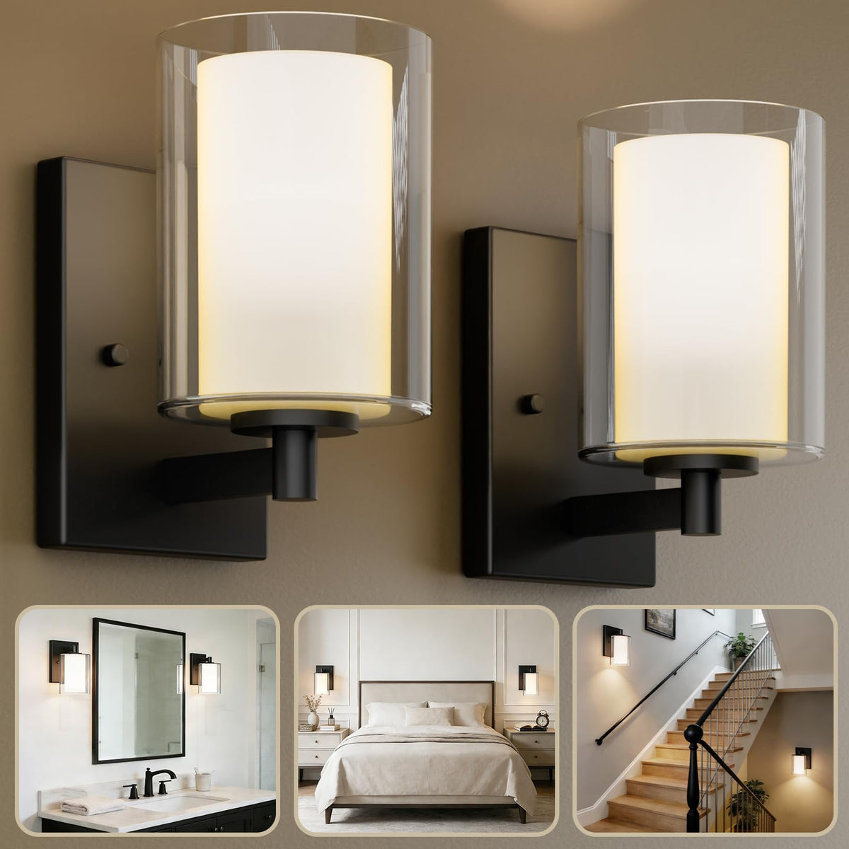 Kalium wall sconces with double glass shades for soft, diffused lighting in any room.