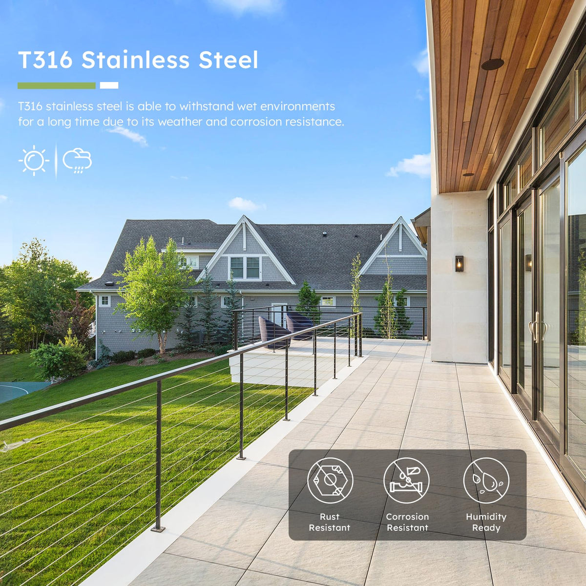 KALLSDY 316 stainless steel cable resists salt spray and pool chlorine.