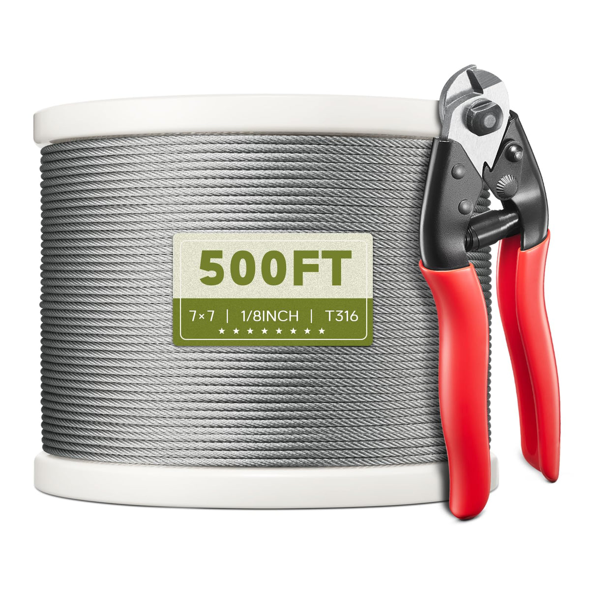 KALLSDY 500ft reel of 1/8 inch T316 stainless steel cable for railing projects.