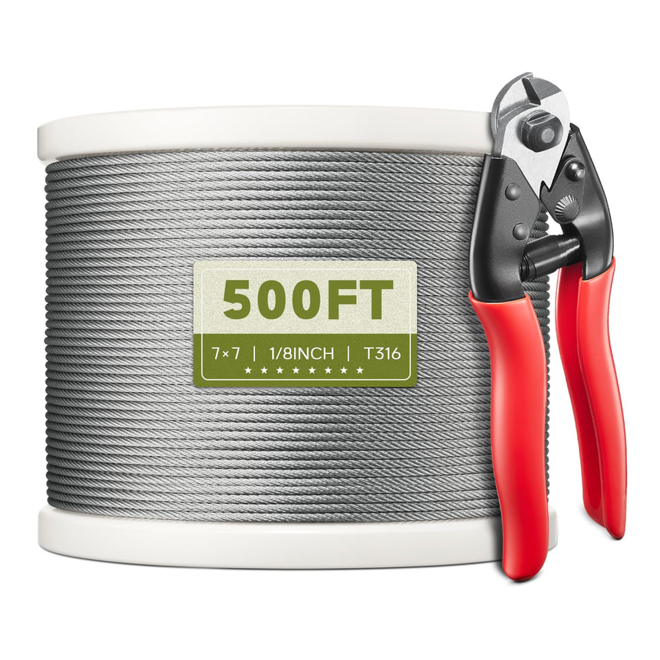 KALLSDY 500ft reel of 1/8 inch T316 stainless steel cable for railing projects.