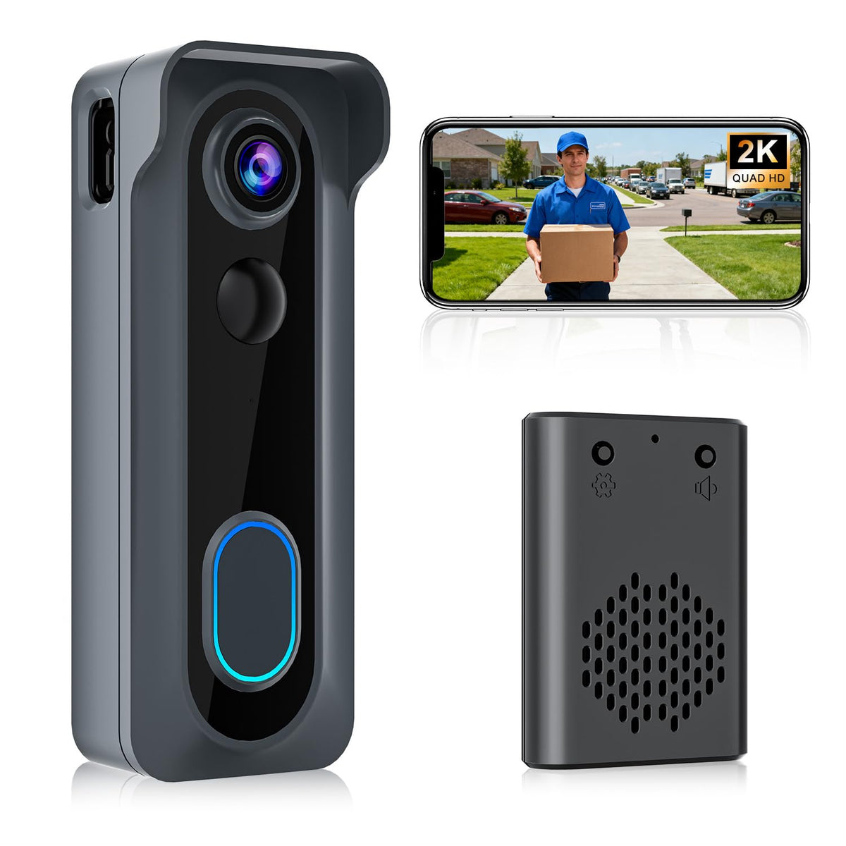 KAMEP doorbell camera captures 2K video of a visitor at the doorstep for clear identification.