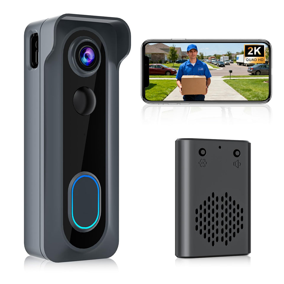 KAMEP doorbell camera captures 2K video of a visitor at the doorstep for clear identification.