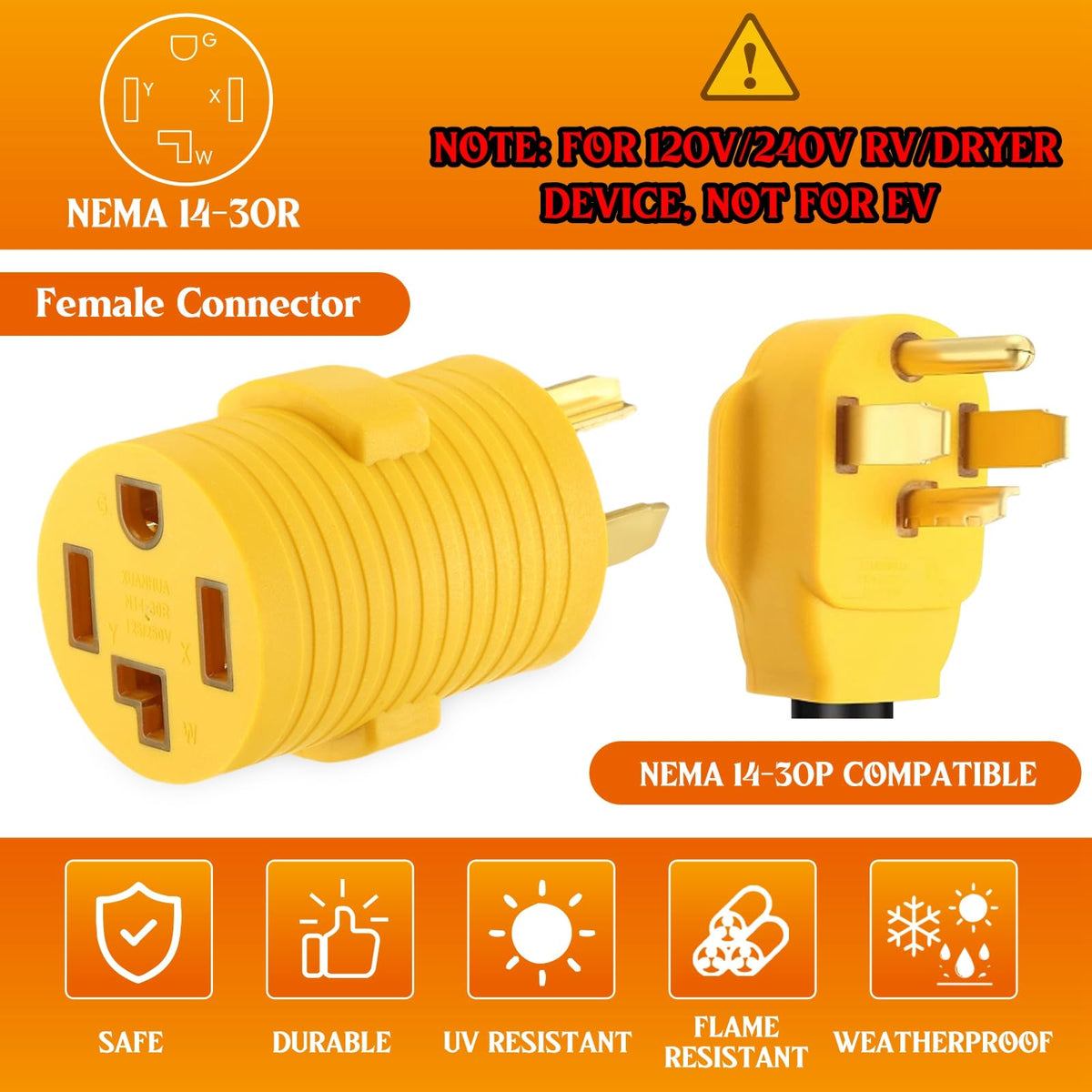 Kanayu in-use connection between 4-prong dryer and 3-prong outlet.