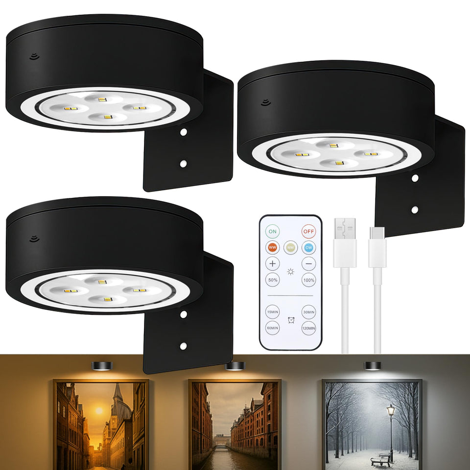 Kandicyar 3-pack picture light on wall mount highlighting artwork with even illumination