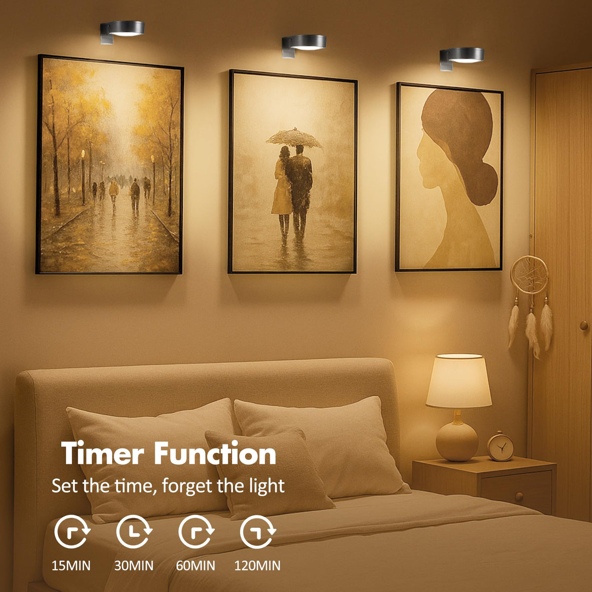Kandicyar 80-lumen brightness enhances visibility of a gallery wall