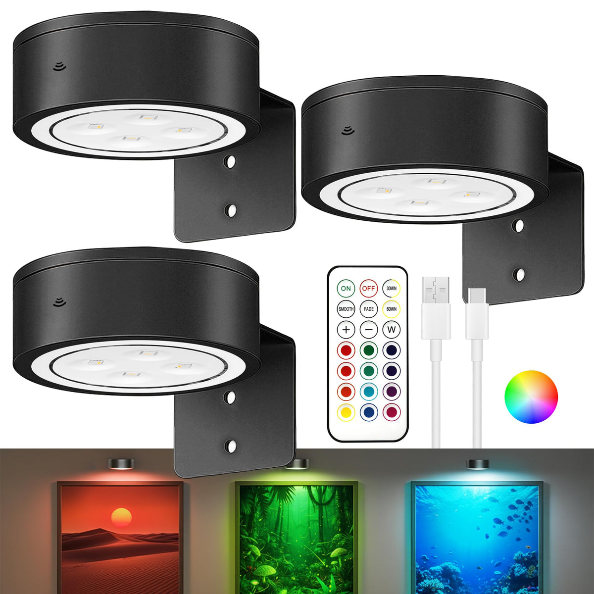 Kandicyar picture light on wall with remote control for color-changing ambiance.