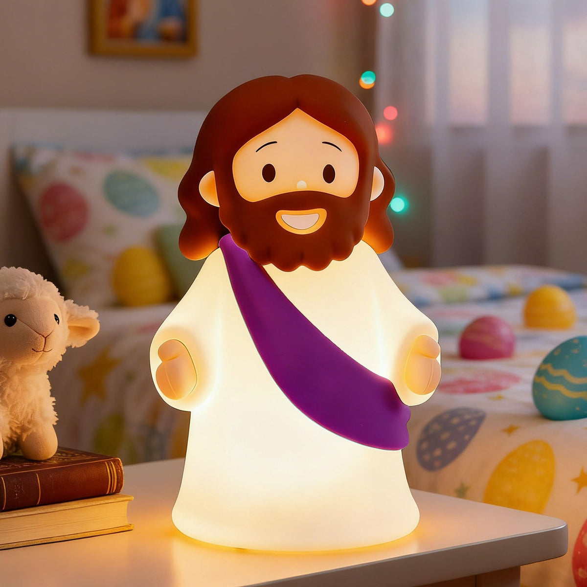 KangTen CHEN Jesus Night Light on table with gentle bedside glow for prayers.