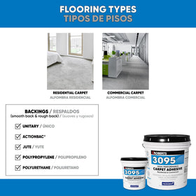 Kantu Roberts 3095-1 gallon carpet adhesive tub highlights easy-to-use fast-setting bond.