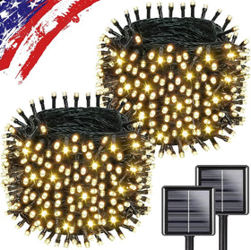 KAQ Upgrade 2Pack 500LEDs solar string lights illuminate outdoor spaces with warm white ambiance