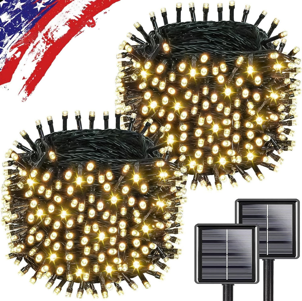 KAQ Upgrade 2Pack 500LEDs solar string lights illuminate outdoor spaces with warm white ambiance