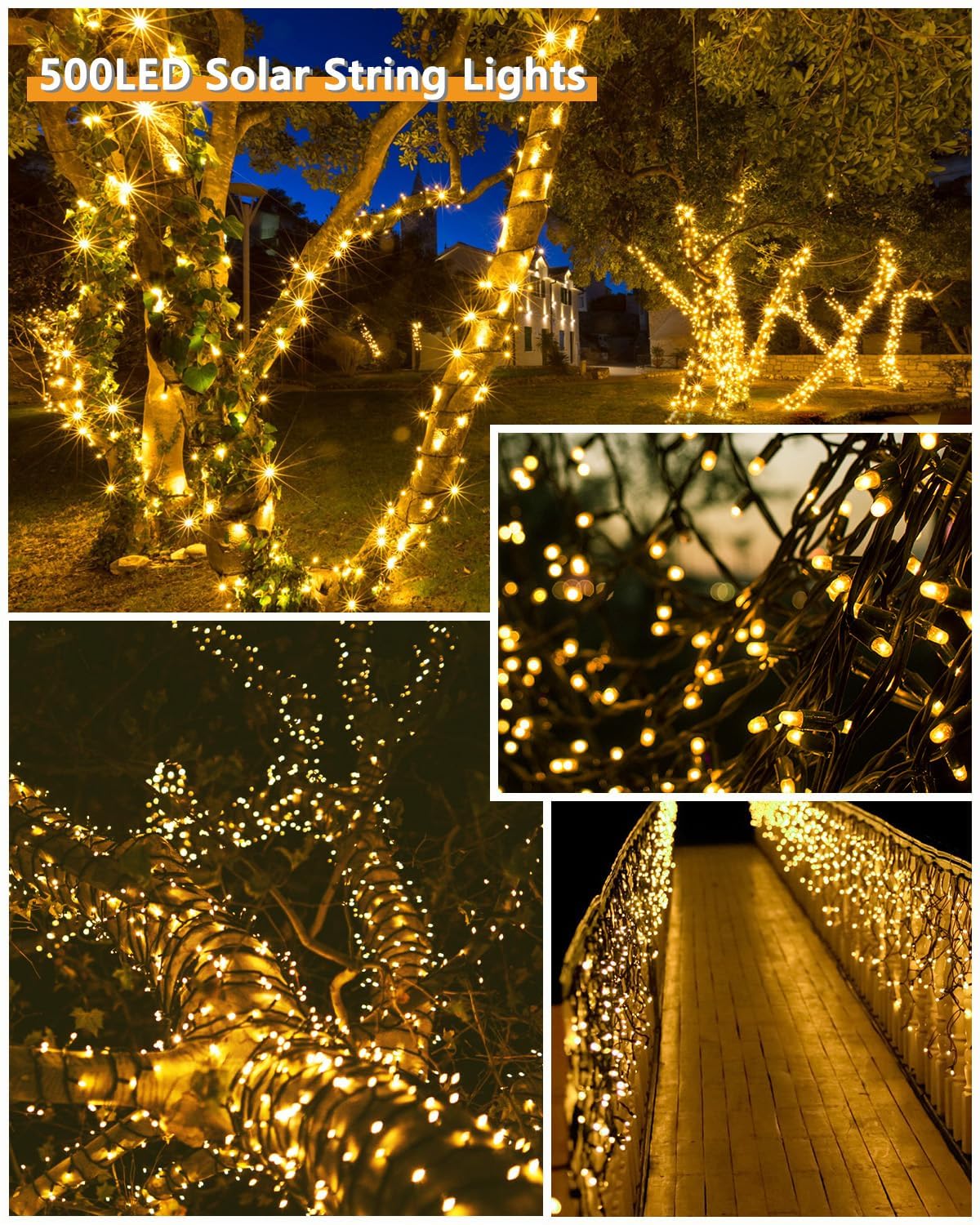 KAQ Upgrade 2Pack 500LEDs solar string lights wrapped around a tree for festive glow
