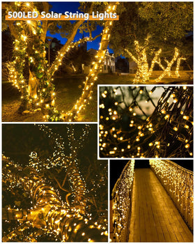 KAQ Upgrade 2Pack 500LEDs solar string lights wrapped around a tree for festive glow