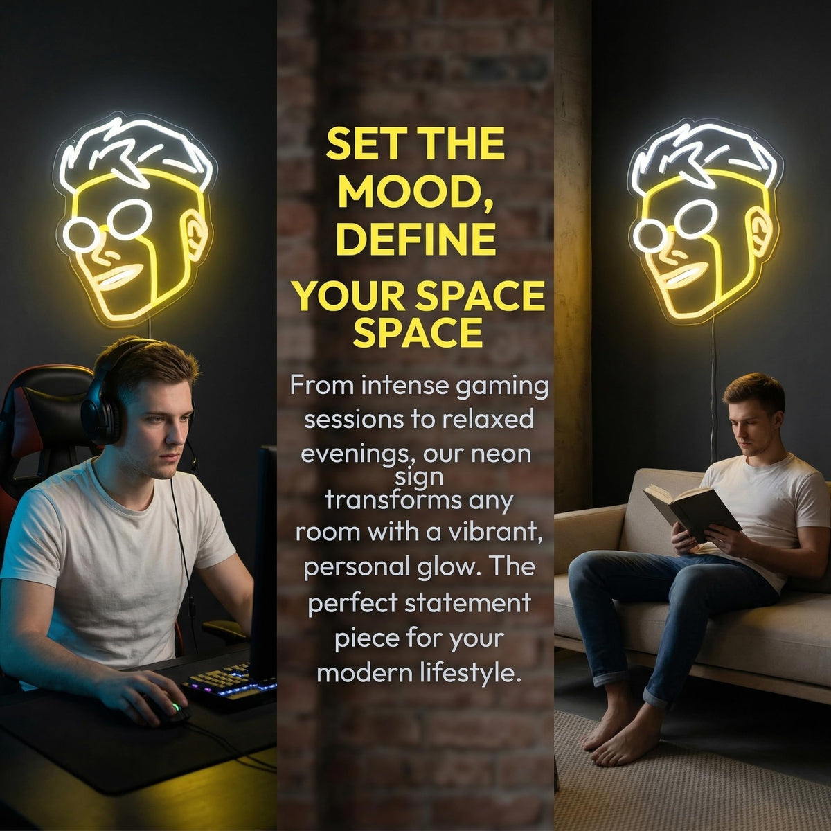 KAQRI yellow white contrast neon sign enhances focus and entertainment spaces
