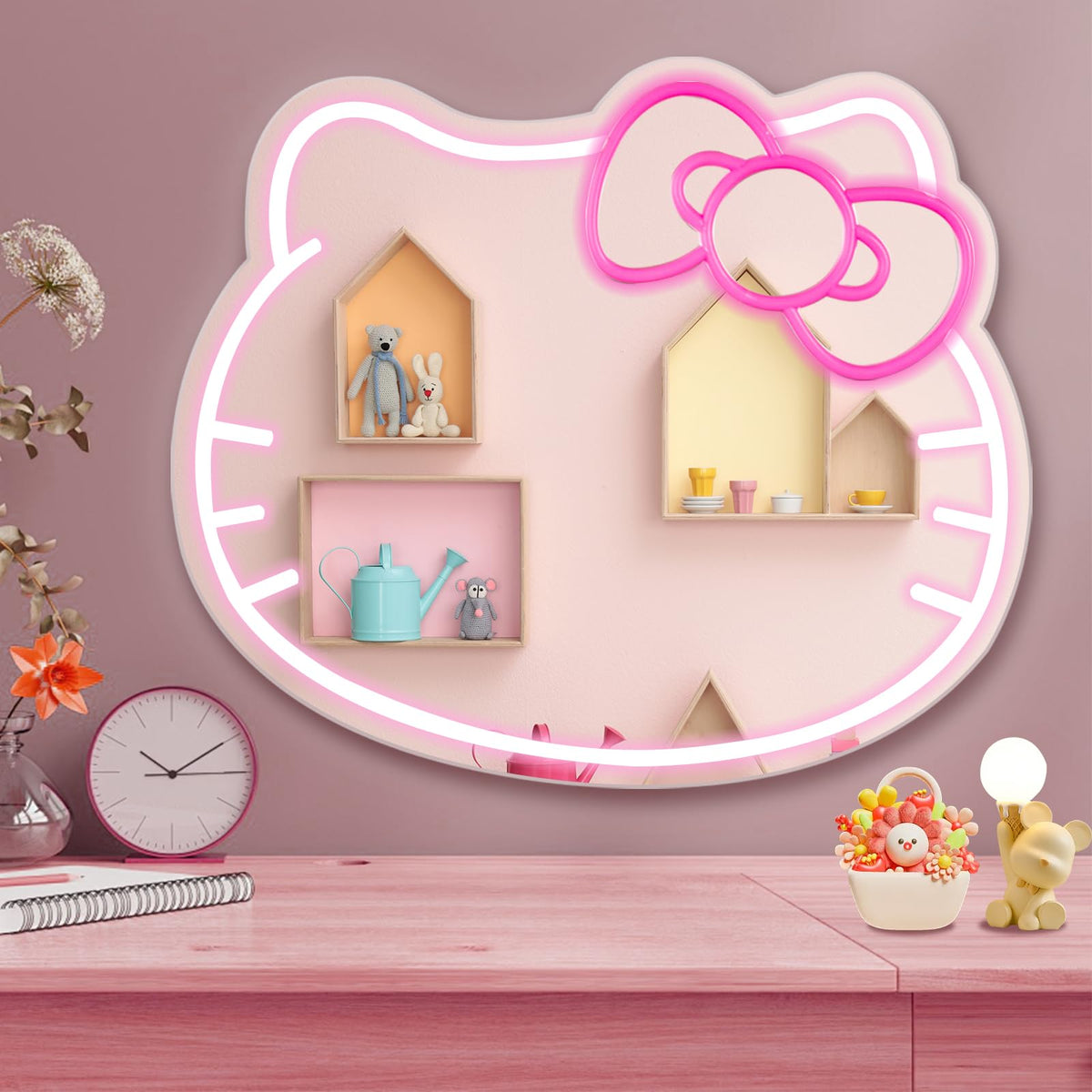 Karc Cute Cat Neon Sign showing the 16x14in focal area with soft pink glow