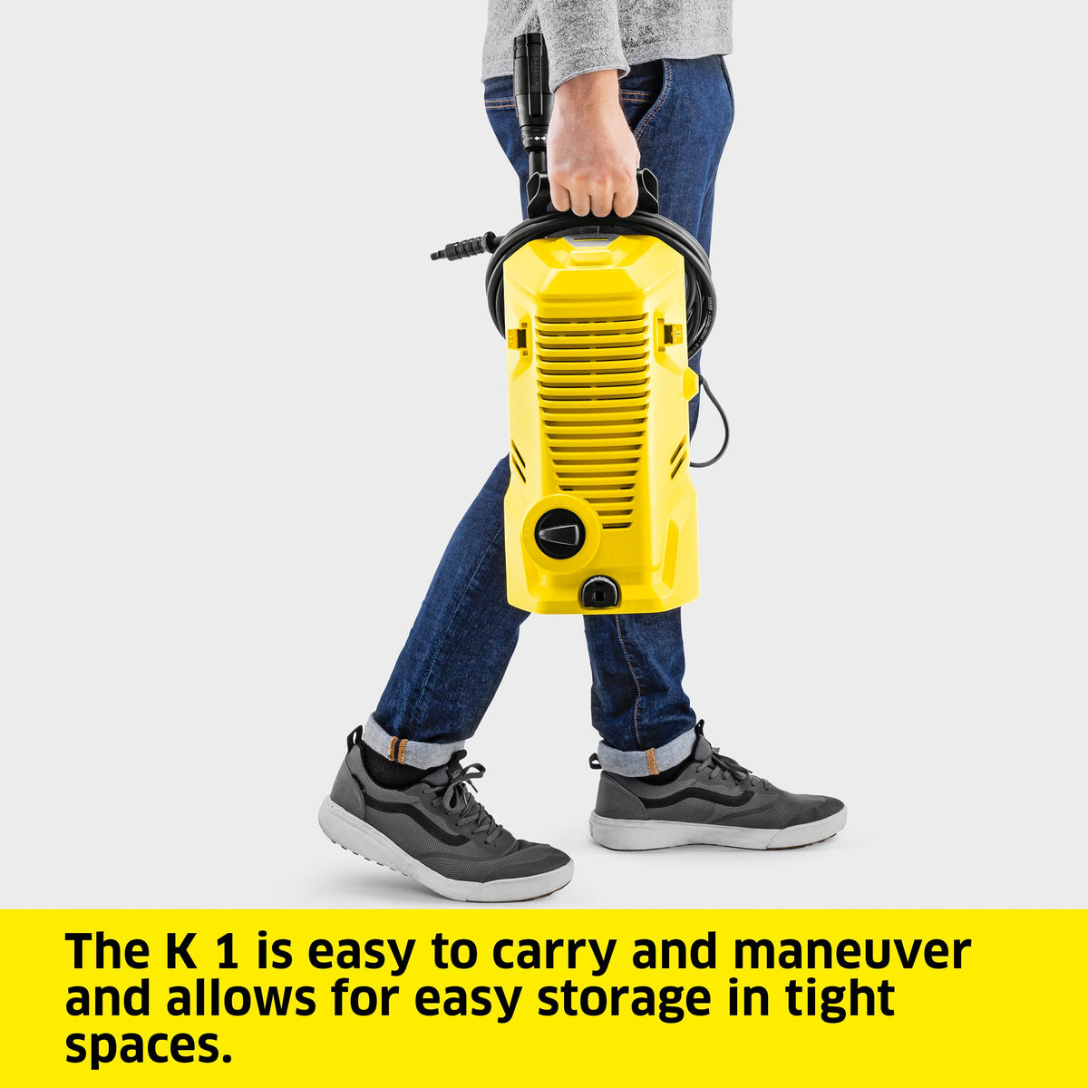 Kärcher K 1 high-pressure gun with hose supports versatile cleaning.