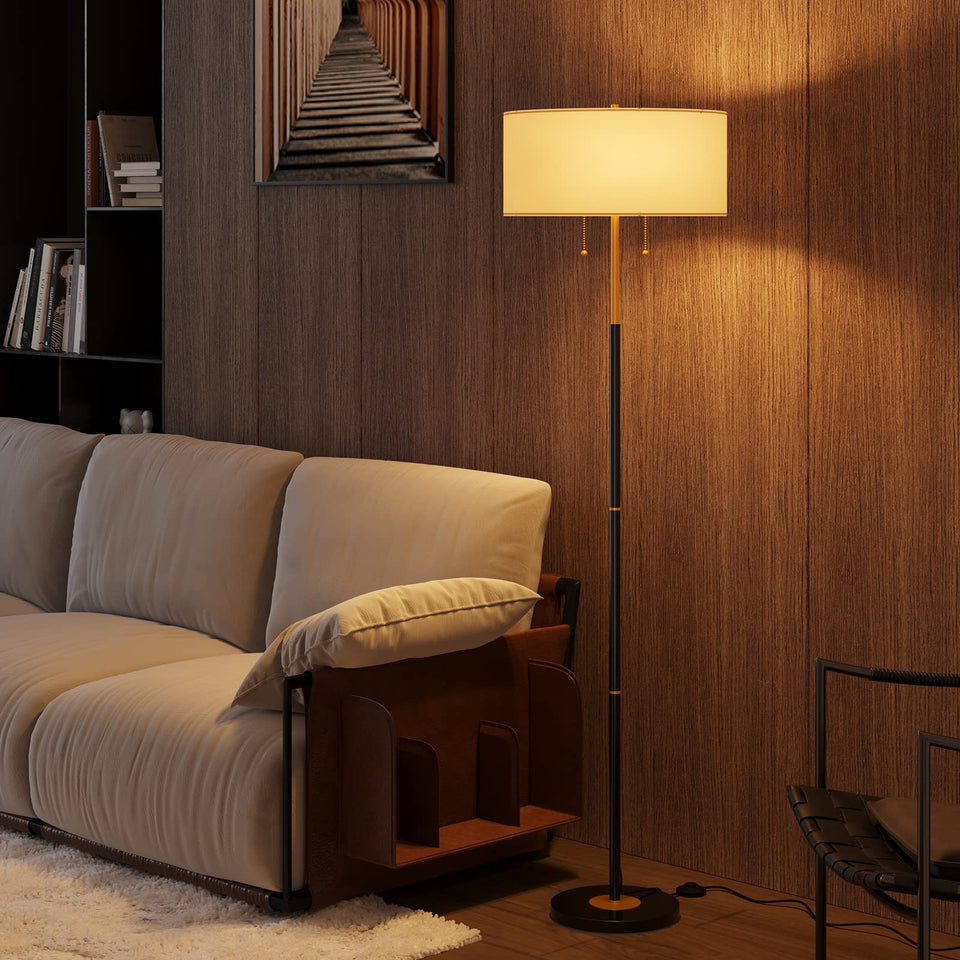 Karjoefar 2-Light Floor Lamp with shade and socket highlights warm, ambient lighting for living spaces.