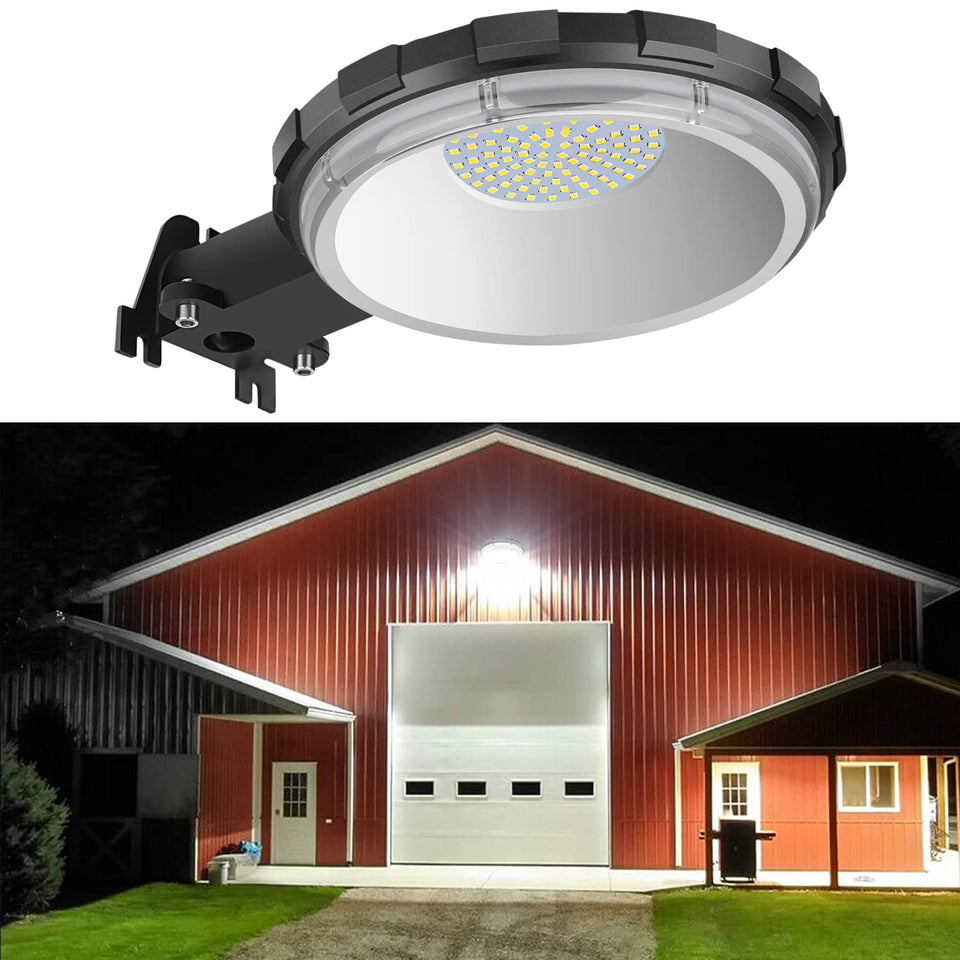 Karjoefar LED barn light front view shows rugged outdoor durability for barns and yards.