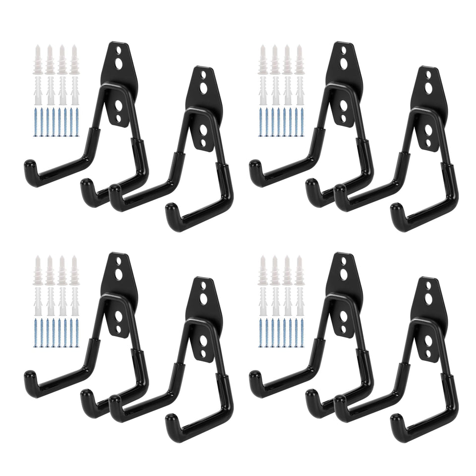 KAROSOM 8-pack garage hooks mounted on wall for tidy tool storage.