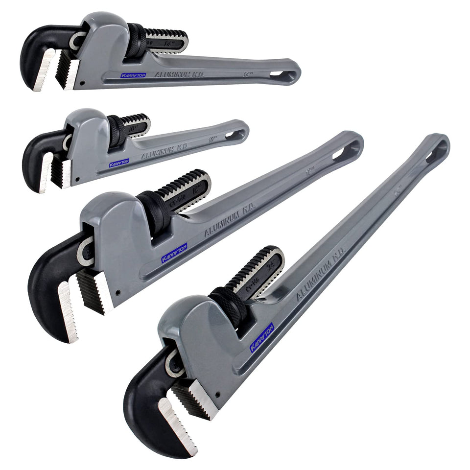 KARRYTON 10-inch aluminum pipe wrench ready for tight-space plumbing tasks.