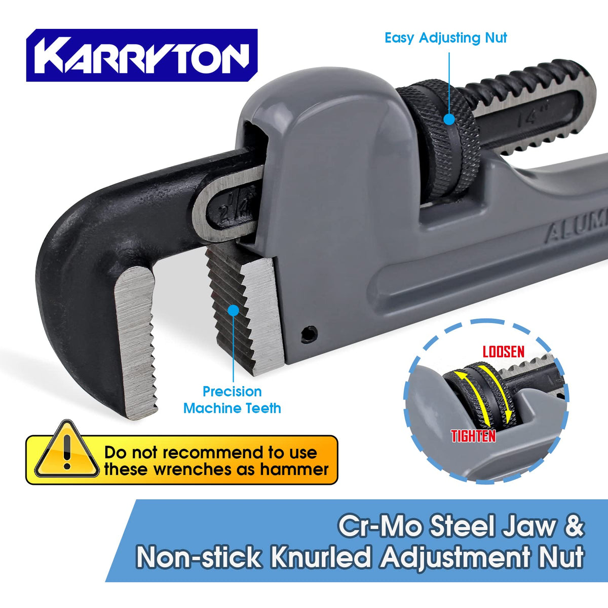 KARRYTON 18-inch aluminum pipe wrench provides strong grip on larger pipes.