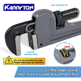 KARRYTON 18-inch aluminum pipe wrench provides strong grip on larger pipes.