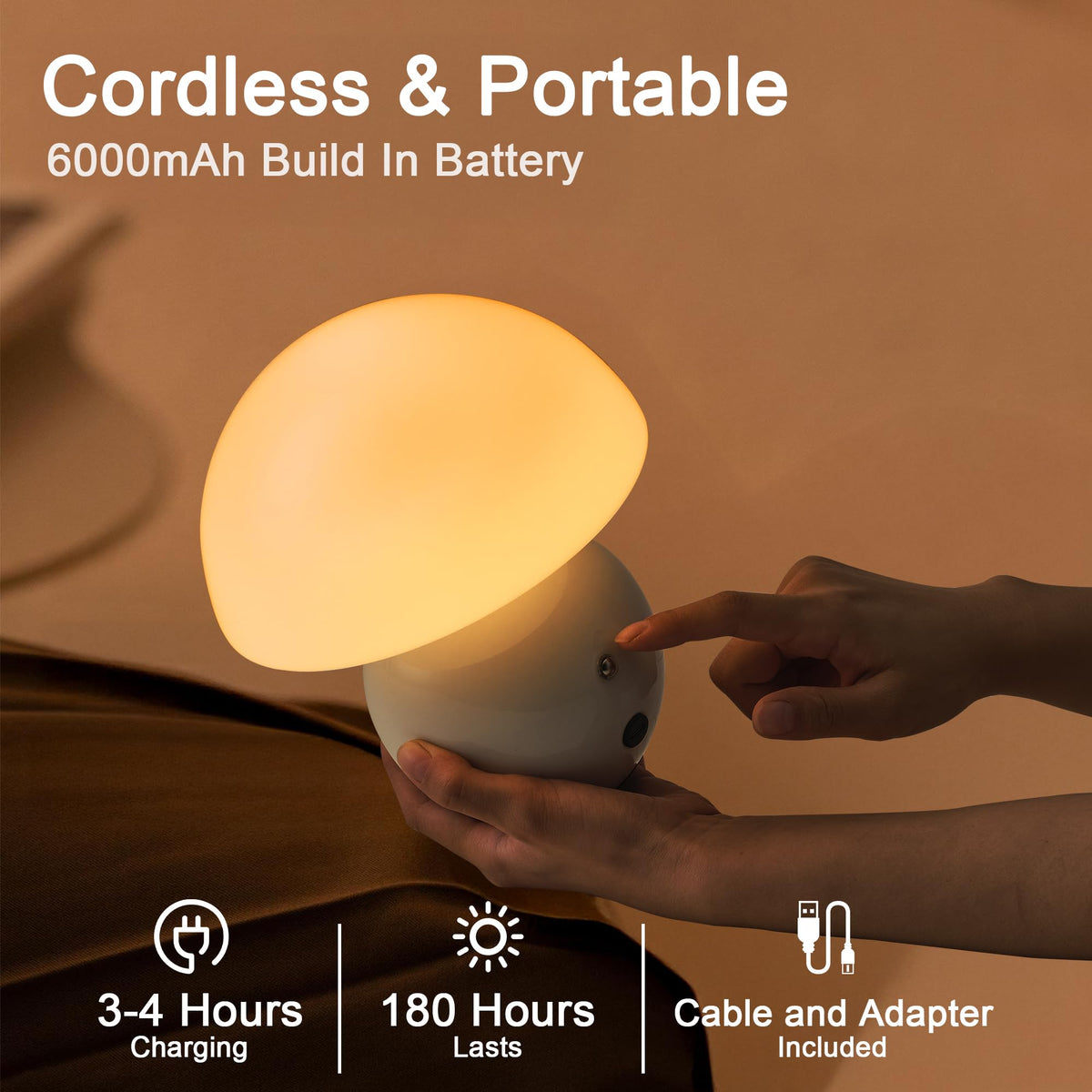 KARTOOSH cordless mushroom lamp side angle showcases compact portable design.