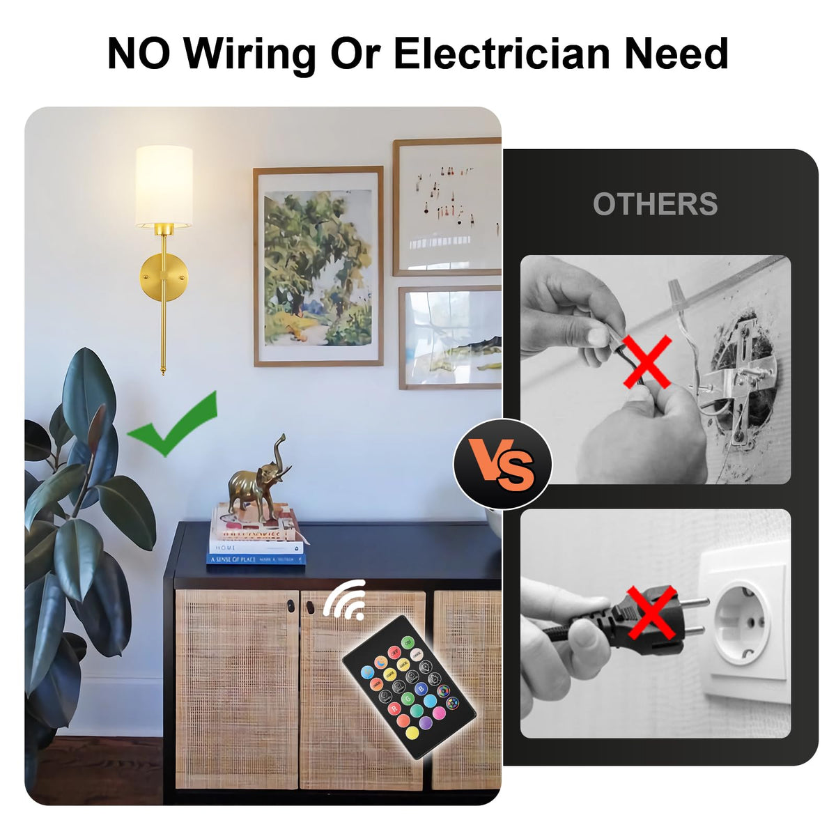 KARTOOSH wireless wall sconce installation requires no wiring for quick, clean setup.