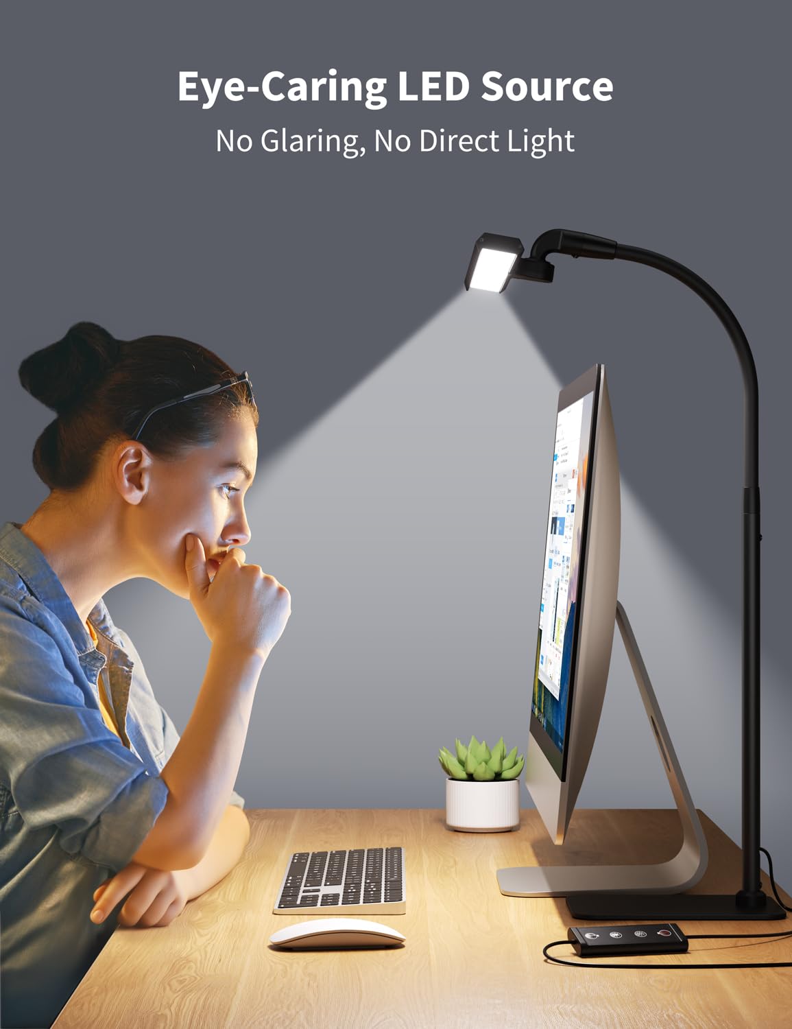 Kary desk lamp height range supports large monitors and laptops