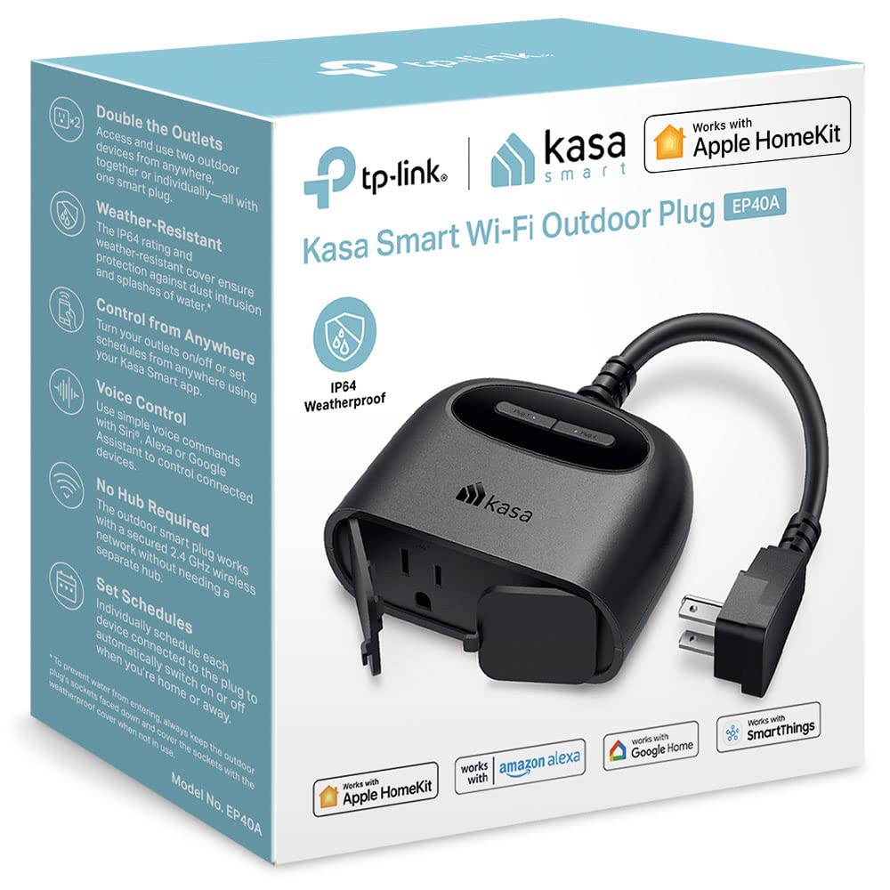 Kasa Apple HomeKit outdoor smart plug with dual outlets for independent control outdoors.