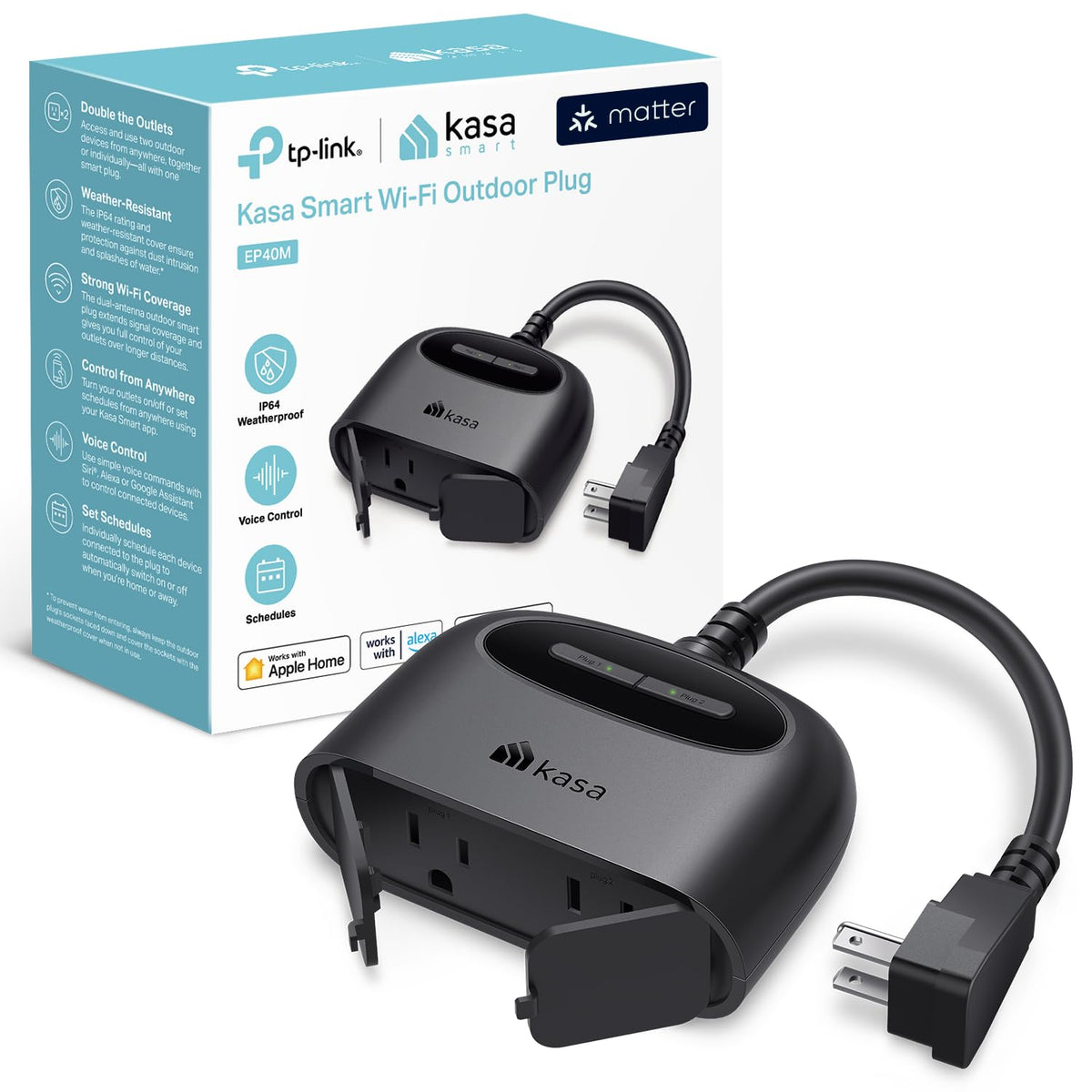 Kasa EP40M outdoor dual outlets ready for smart control for yard lighting.