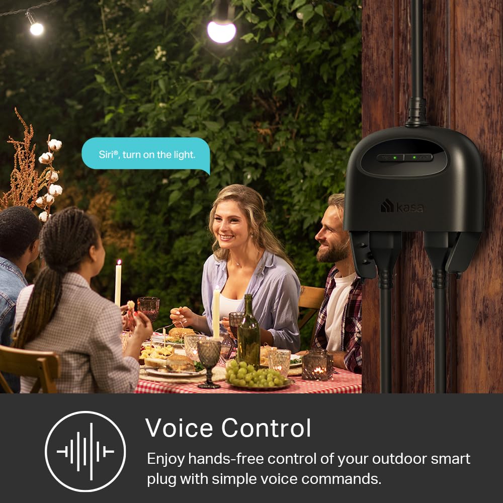 Kasa EP40M voice control with Alexa and Google for hands-free operation outdoors.
