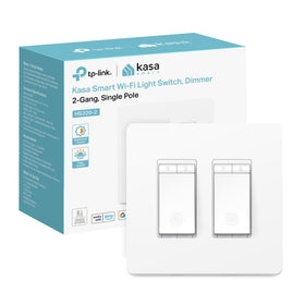 Kasa Smart HS220-2 two-gang dimmer switch installed for two circuits, clean wall fit.