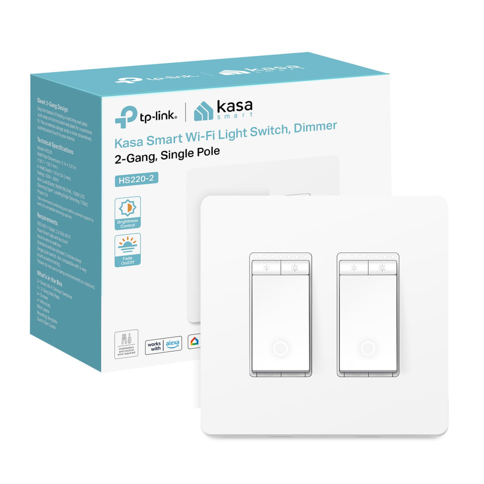 Kasa Smart HS220-2 two-gang dimmer switch installed for two circuits, clean wall fit.
