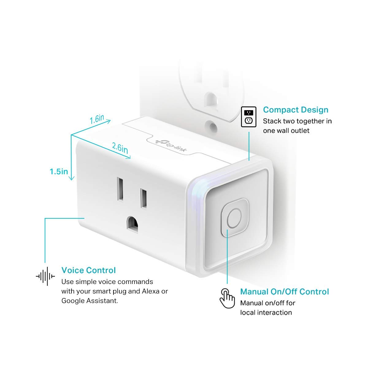 Compact HS103P3 design occupying a standard outlet without blocking adjacent sockets.