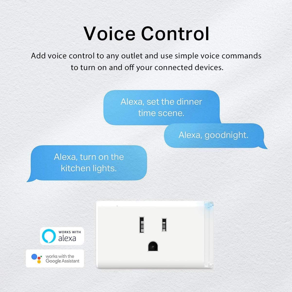 HS103P3 plugged into a wall outlet demonstrating voice control with Alexa.