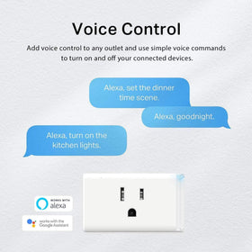 HS103P3 plugged into a wall outlet demonstrating voice control with Alexa.