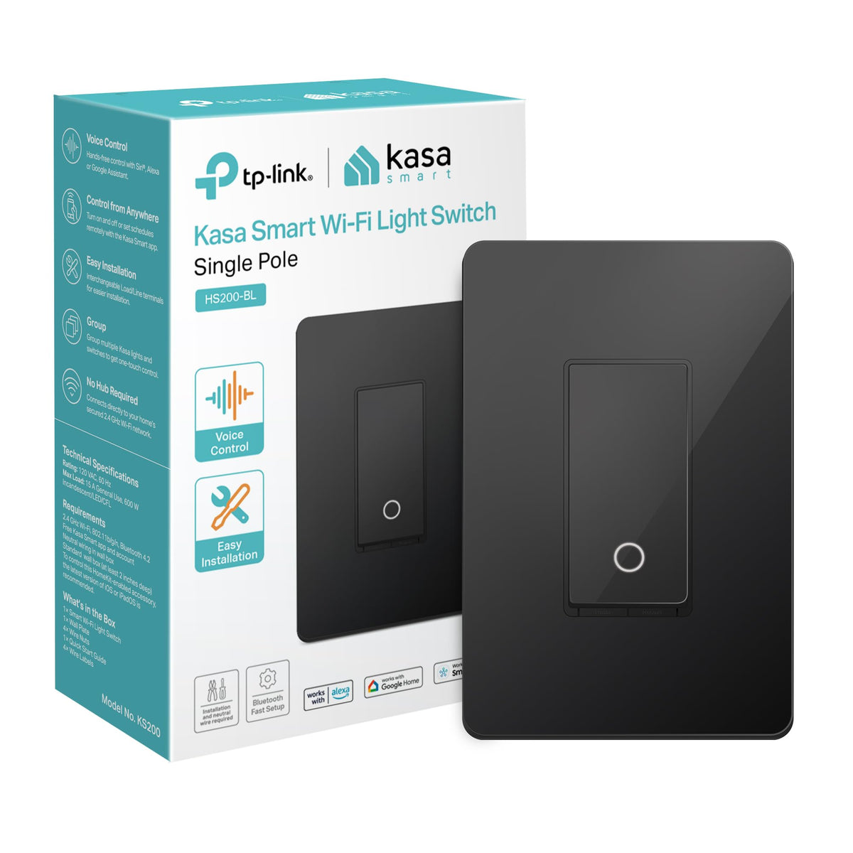 HS200-BL wall switch face, showcasing sleek black design and Wi-Fi control with Kasa.