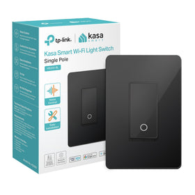 HS200-BL wall switch face, showcasing sleek black design and Wi-Fi control with Kasa.