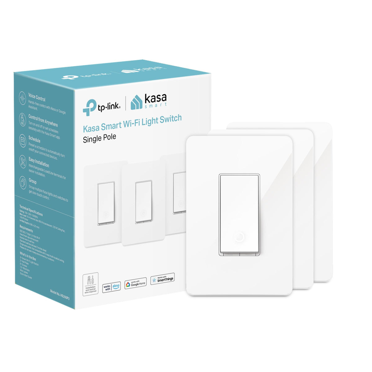 Kasa Smart HS200P3 in-wall switch enables seamless lighting control throughout the home.