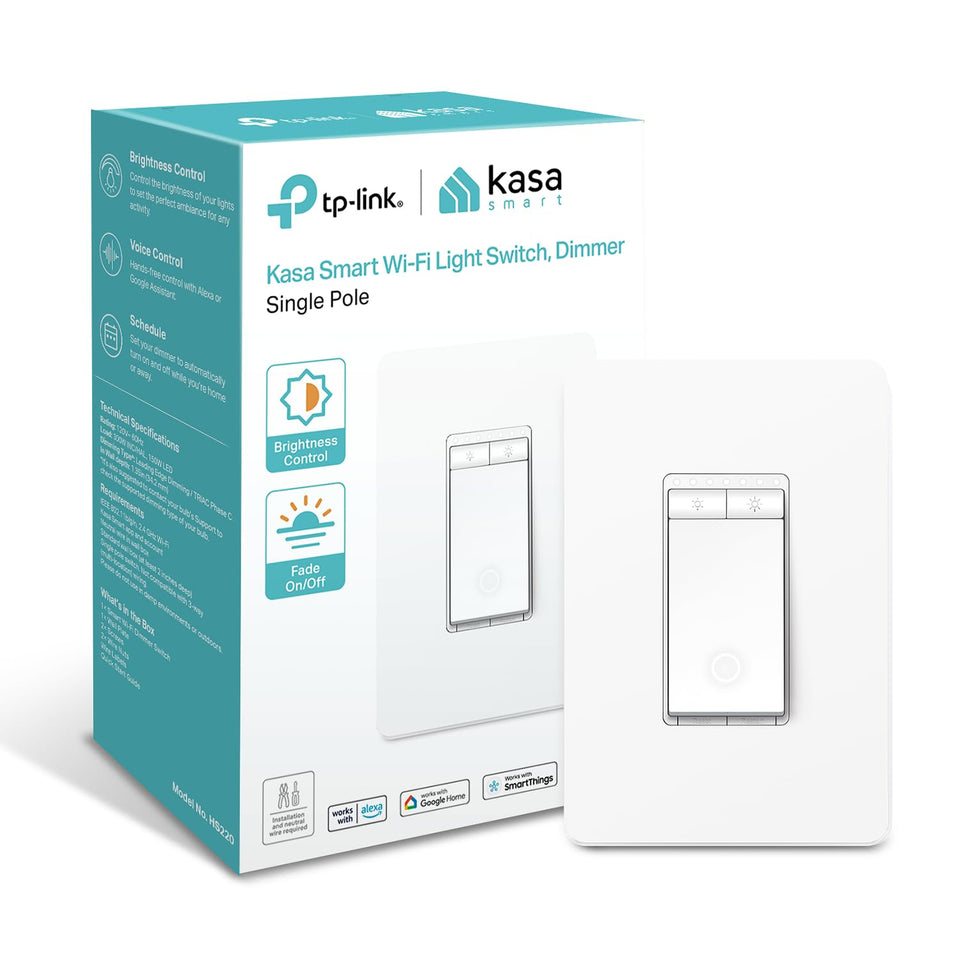 Kasa Smart HS220 dimmer installed in-wall for seamless brightness control with voice compatibility.