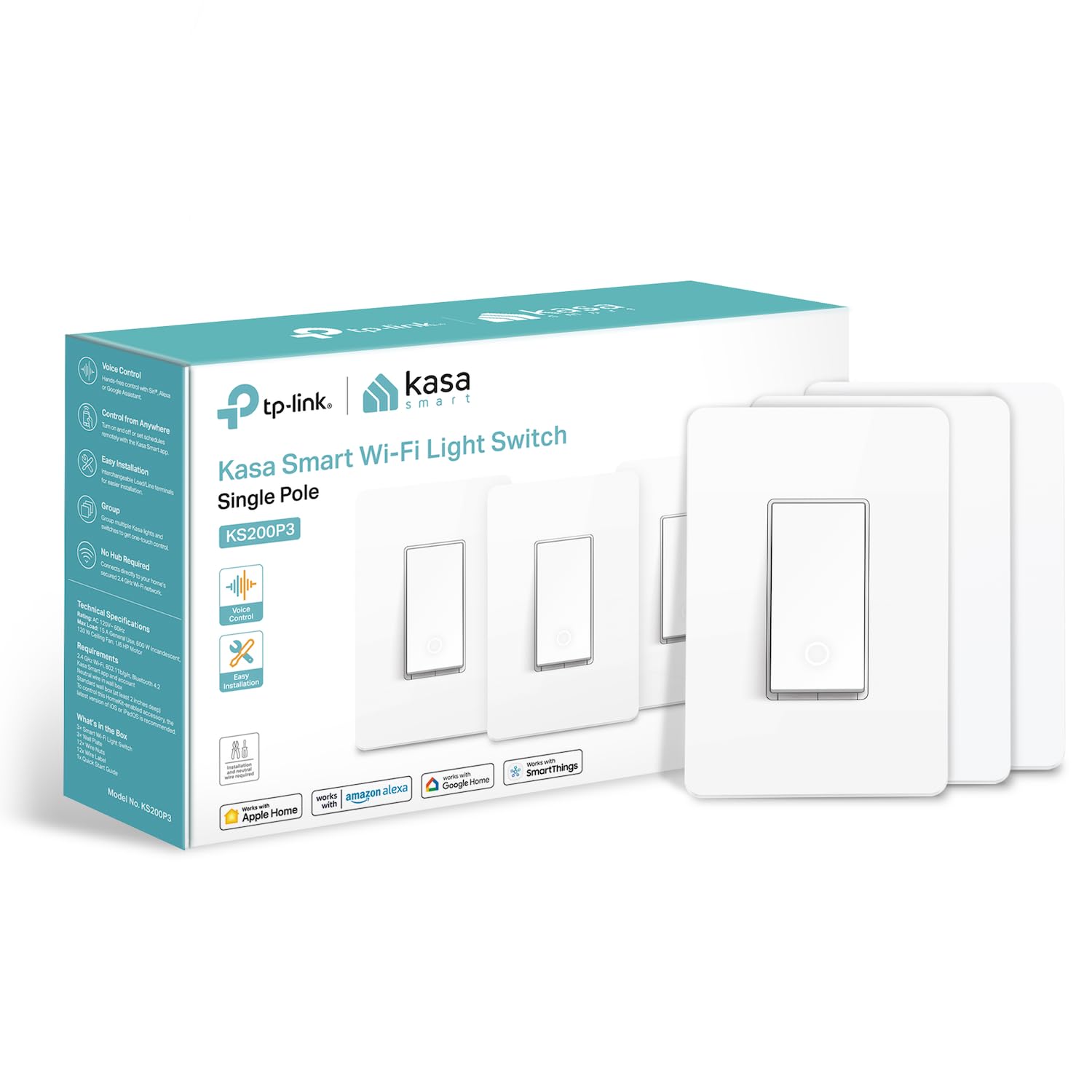 Kasa KS200P3 three-pack white wall switches for convenient room control.