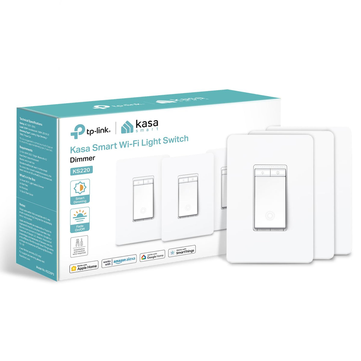 Kasa KS220P3 dimmer switch front view with clean white finish for a modern look