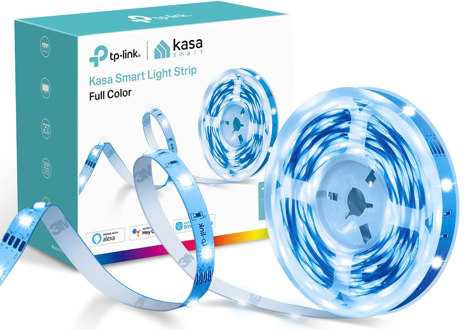 Kasa Smart LED Light Strip 16.4ft showing vibrant color range for mood lighting