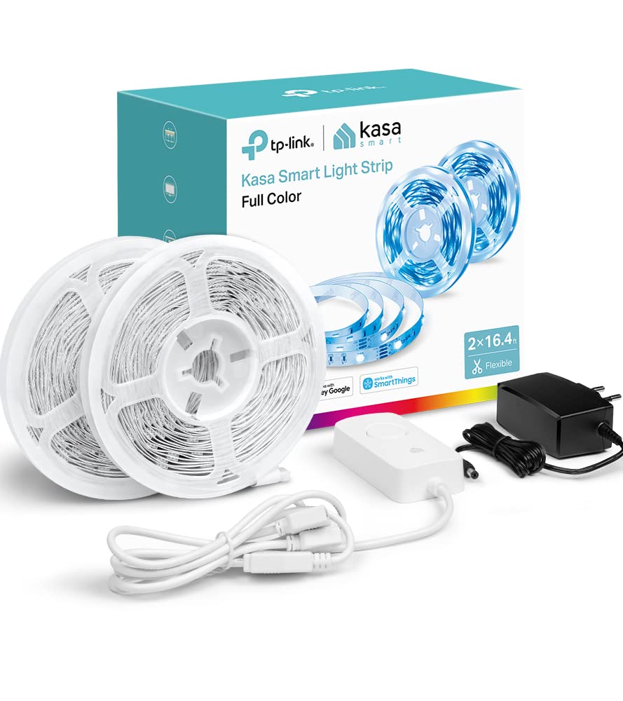 Kasa Smart LED Strip 32.8ft length for flexible room placement and ambient lighting.