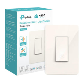 Kasa Smart HS200-LA wall switch front view shows a clean, neutral wired design for easy setup.