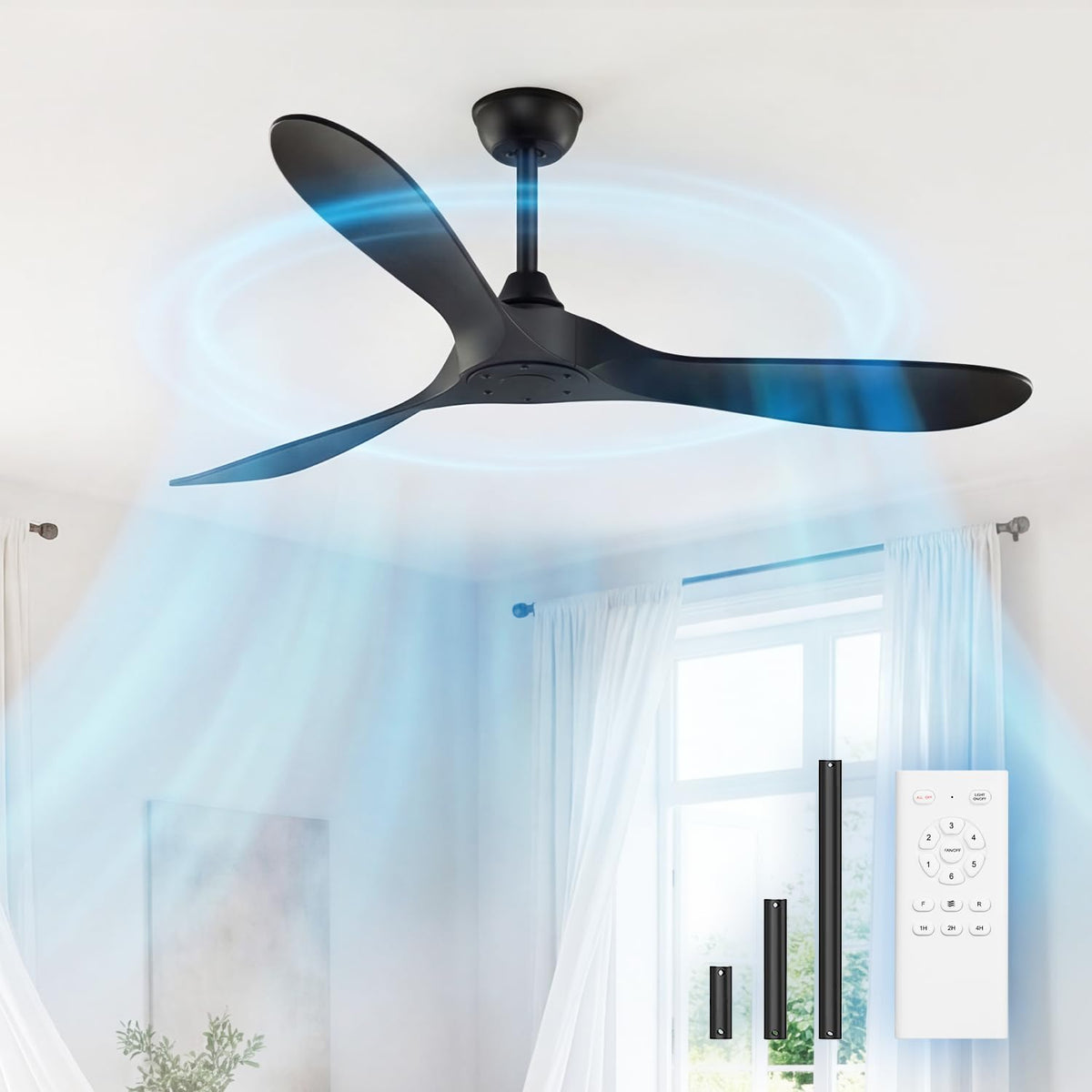 KASASS Black 52-inch ceiling fan viewed from below, highlighting sleek, modern design for patios and bedrooms.