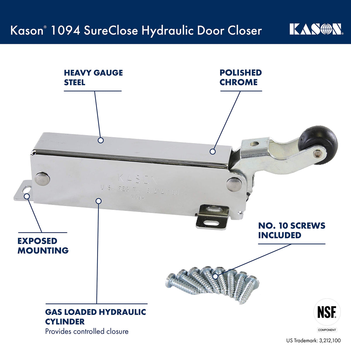 Kason 1094 SureClose exposed mounting for easy alignment and adjustment.