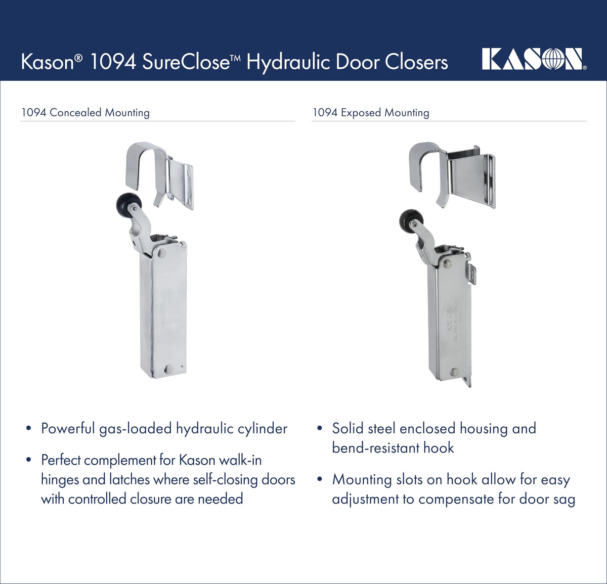Kason 1094 SureClose oversized hook maintains roller alignment for reliable operation.