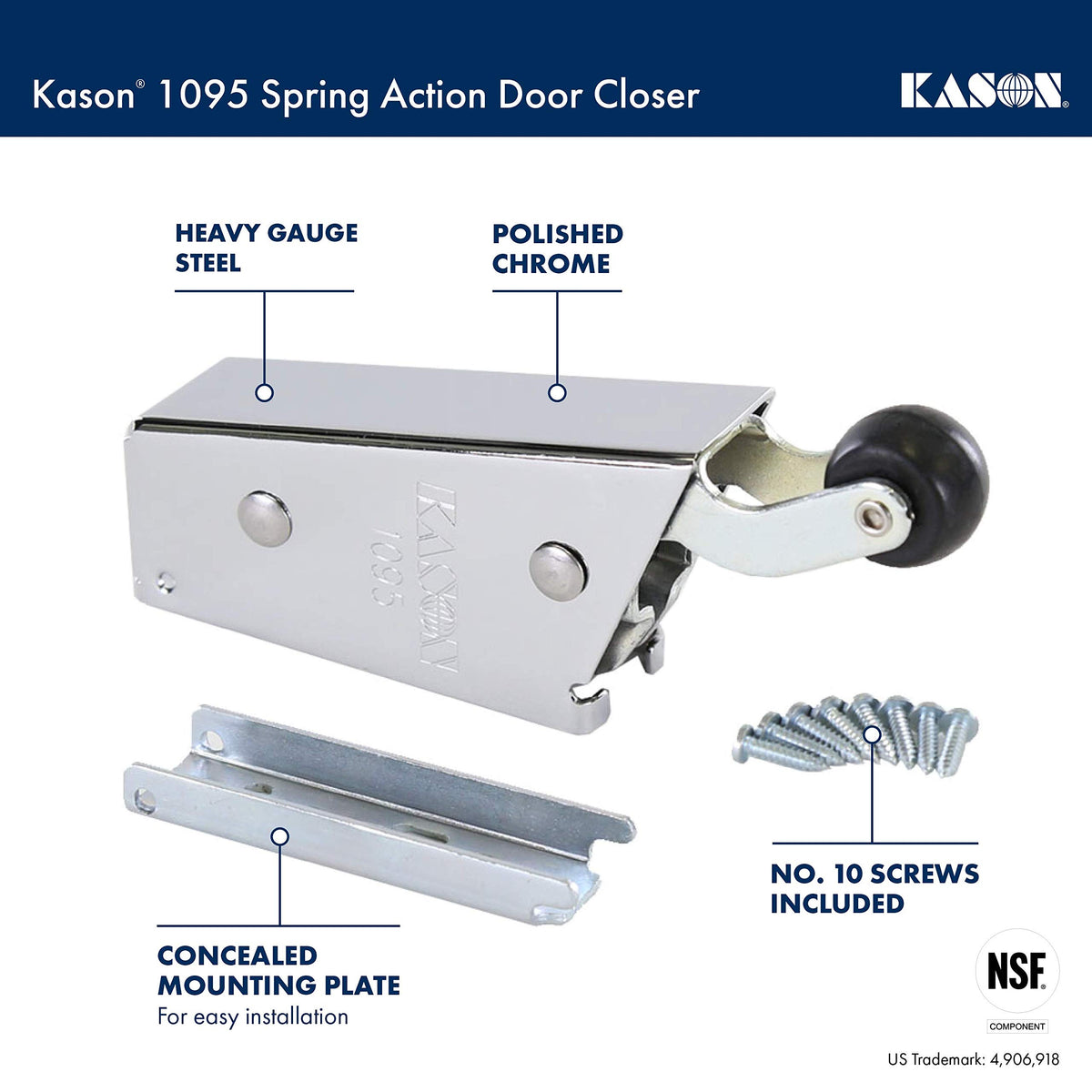 Kason 1095 rubber roller enabling quiet operation and smooth door closure.