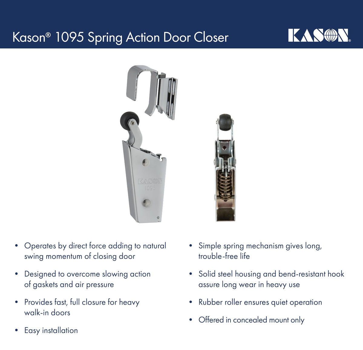 Kason concealed mounting plate snaps for quick, tool-free installation